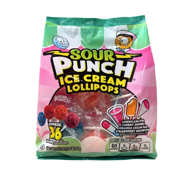Sour Punch Ice Cream Lollipops, 4 Flavors – Americana Pop, Cherry Sherbet, Orange Cream Bar & Strawberry Snowcone, Individually Wrapped Hard Candy, 36 Count Bag, 21.5 oz