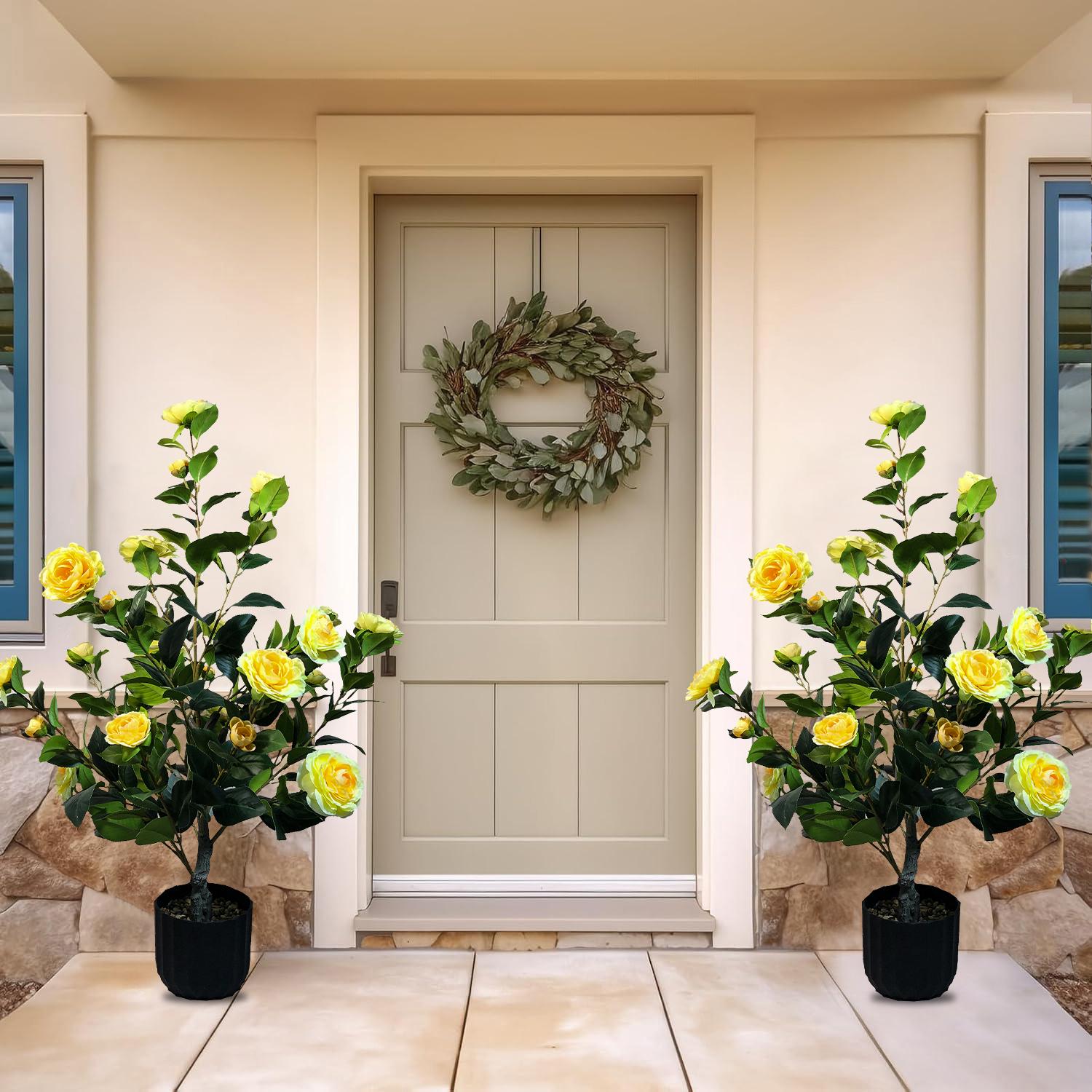 2 Pcs 3-foot Camellia Tree with Decorative Pebbles, Flower Pot, 24 Realistic Flowers, 188 Leaves for Indoor, outdoor courtyard Home Decor