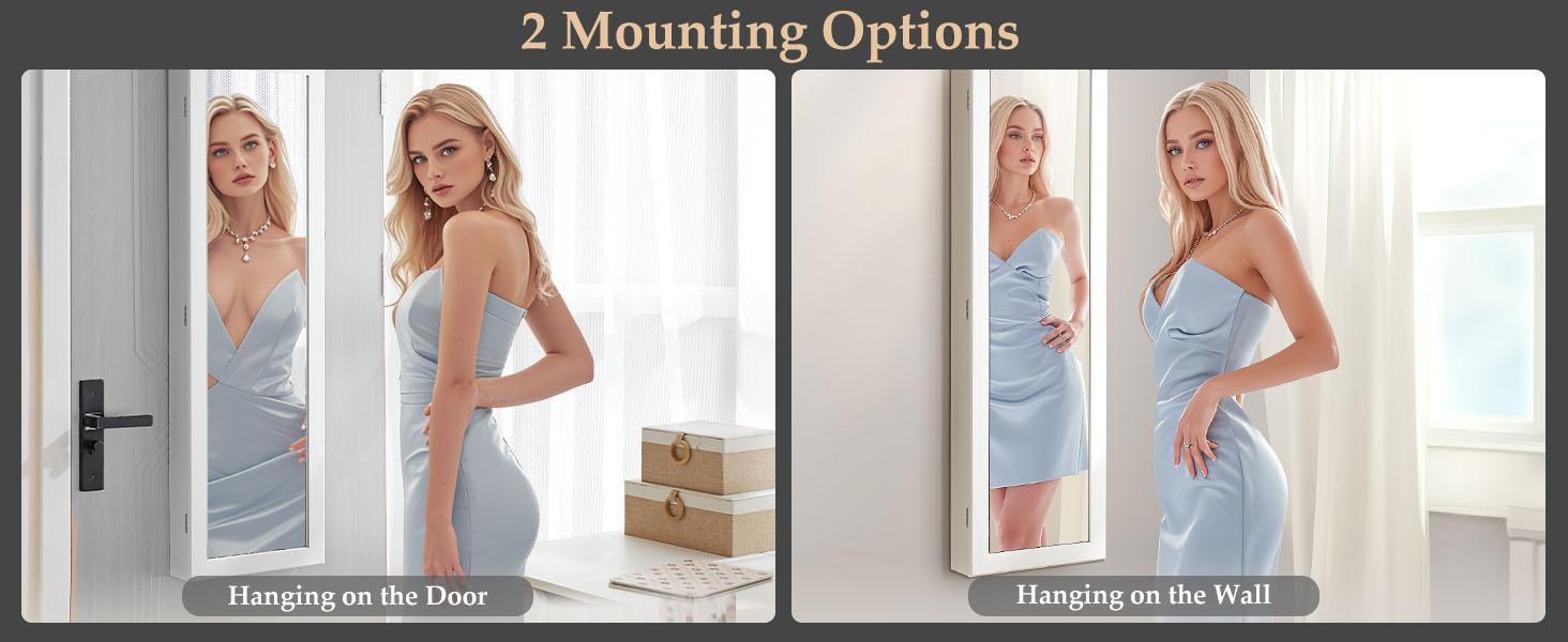 Full-Length Mirrored Jewelry Cabinet with Built-In Makeup Mirror,Lockable Storage Cabinet with 2 Drawers