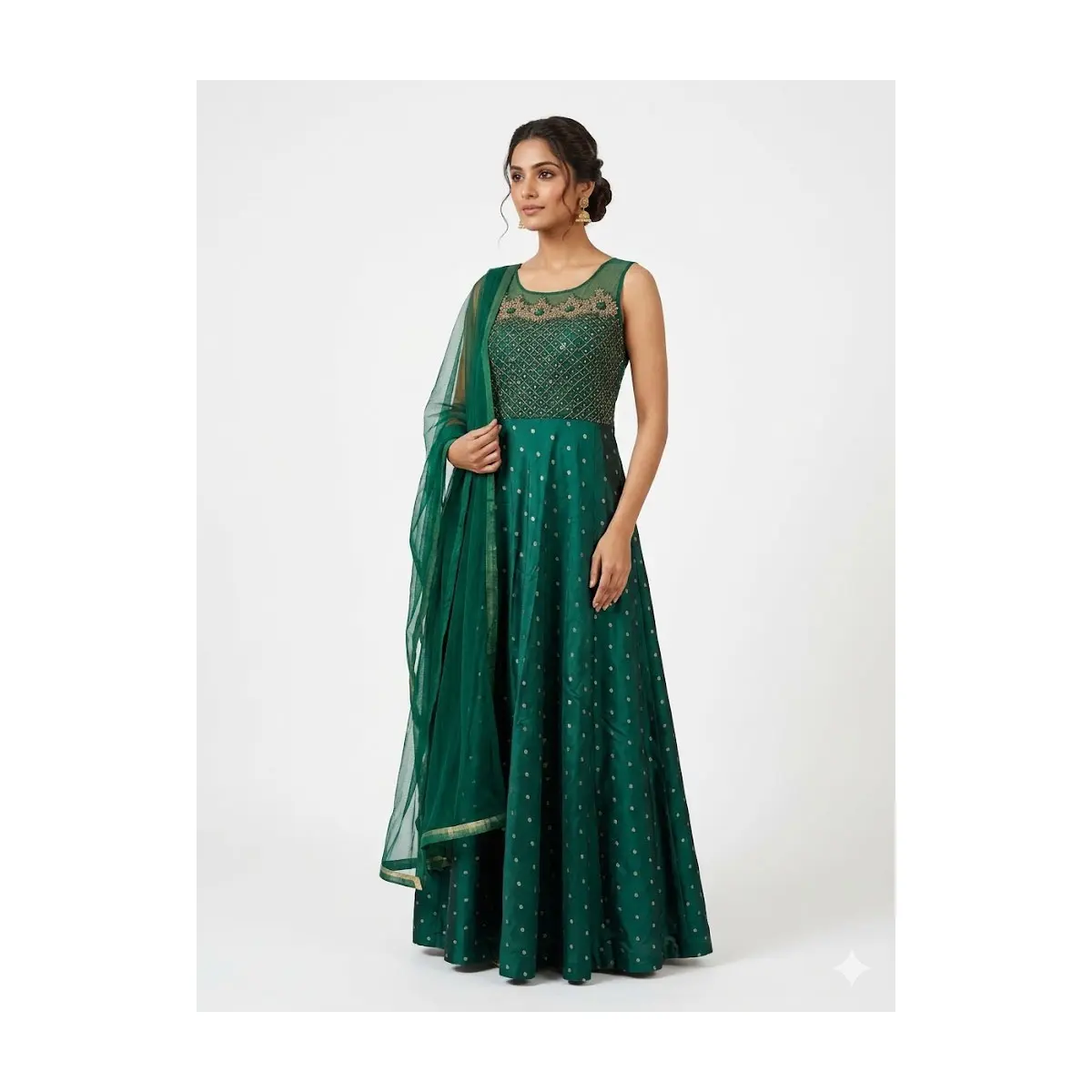 #3PS-16 Emerald Green Embroidered Anarkali Suit Set – Churidar Leggings, Top & Shawl/Dupatta