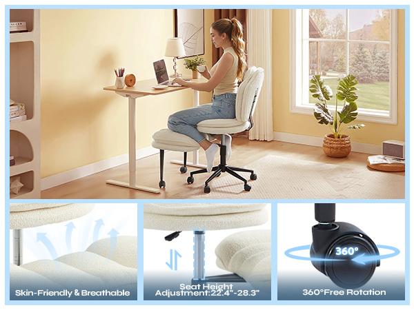 Pinmoco Cloudy Ergonomic Cross Legged Swivel Chair - Adjustable Height, Teddy Fabric, Cloud Comfort Pet-Friendly Desk Chair with Full Lumbar Support, Extra Wide Seat, Versatile for Home & Office Use