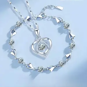 Trendy Sterling Silver Heart Shaped Necklace Bracelet Set for Women, Vintage Korean Crystal Bracelets High Quality Set Party Jewelry