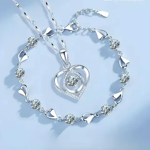 Sterling Silver Heart Necklace and Bracelet Set for Women, Korean Crystal Jewelry for Daily Wear, Lightweight for Everyday Sparkle, Shine Bright, Ethically Crafted, Arm Candy Accessories