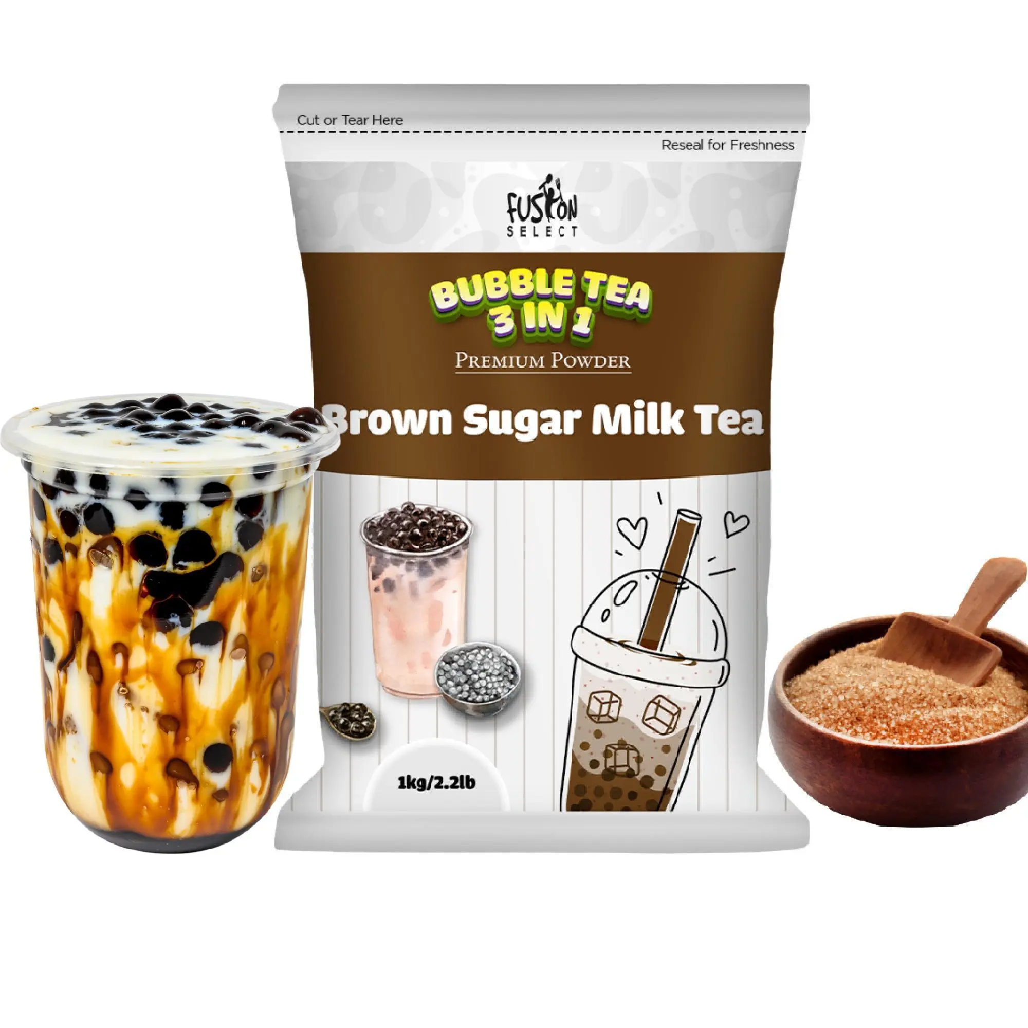 Fusion Select 2.2lb Coconut Brown Sugar Milk Tea Powder 3-in-1 Drink Mix with Cream & Sugar for Hot or Cold Blends Yummy Frappes Tea Powder Flavor