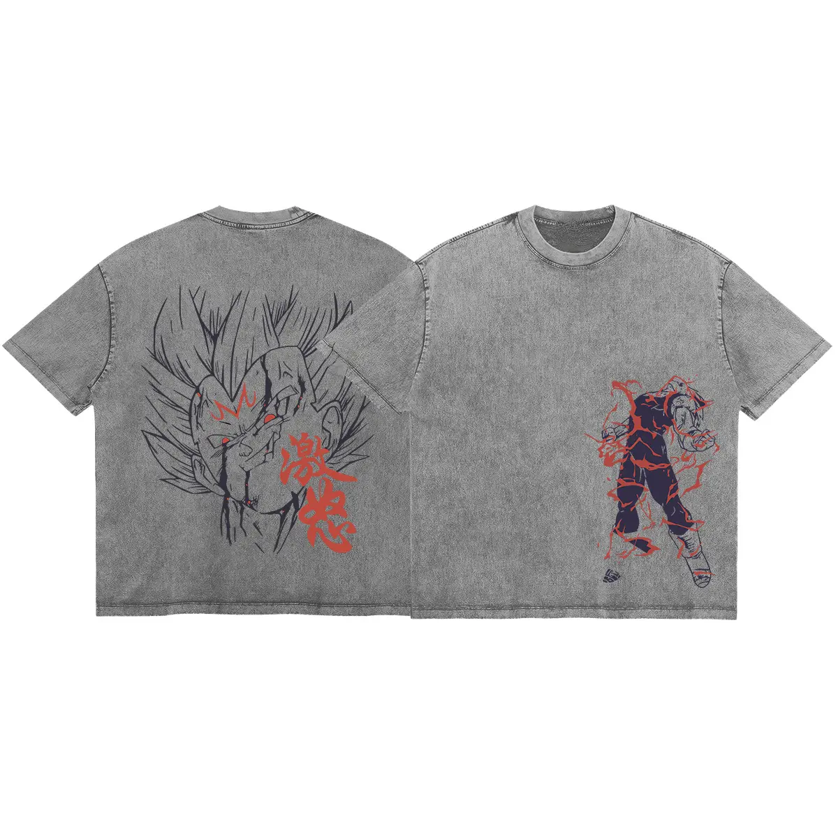 Heavyweight Mens Acid Wash Graphic Tee Vintage Streetwear T-shirt Dragon Ball Z DBZ Majin Vegeta Anime Merchandise Made in USA 100% Cotton 230g Premium Oversized Manga Fan Top Retro Hip Hop Rock Shirt