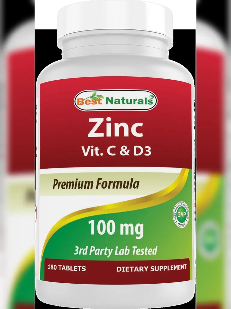 Best Naturals Zinc 100 mg with Vitamin C & D3 180 Tablets Gluten Free and Non-GMO