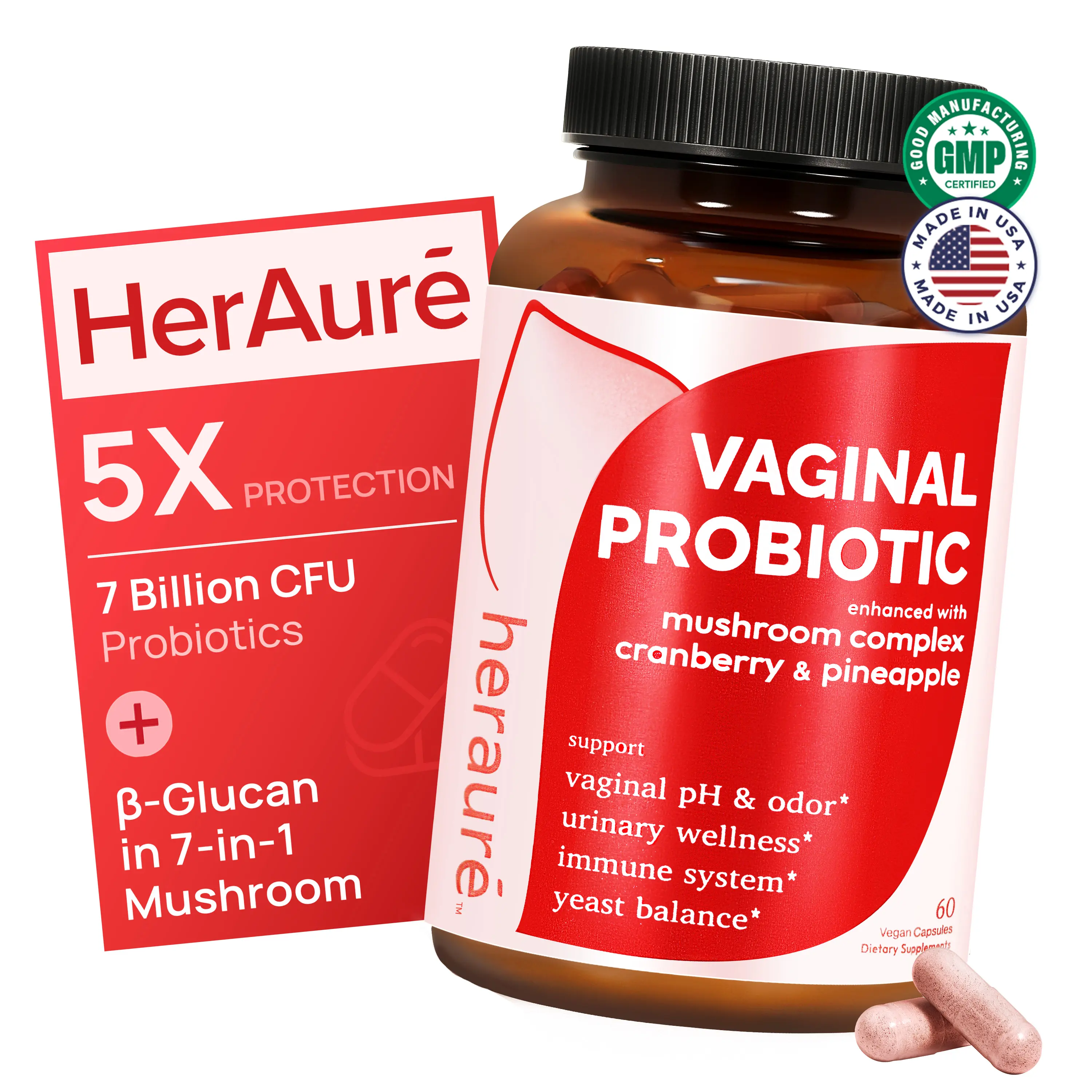 HerAuré Women’s Probiotics - pH Balance, Odor Control, Flora Health, Moistening, Tightening - With 7 Billion CFU Probiotic, Prebiotic, 7-in-1 Mushroom Blend, Cranberry, Pineapple - 60 Capsules (Pack of 1), Self-Care Gift,Black Friday