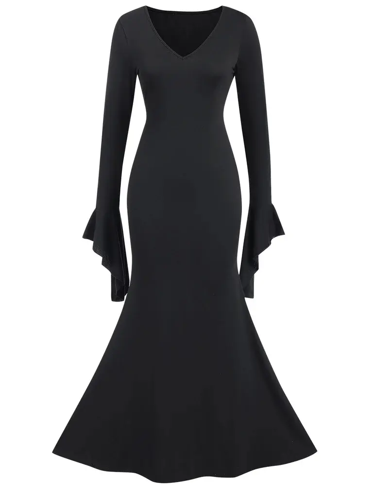RETROSTAGE Women's 1930s Black Long-Sleeve Batwing Cuff Flared Fishtail Dark Casual Dress - Soft, Feminine, Stretchy Fabric, Elegant Formal Halloween-Themed Casual Dress for Party Outfits, Dark Casual Dresses Witch