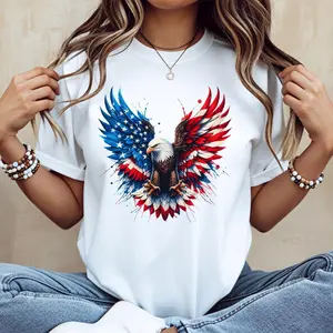 American Eagle Flag Design Cotton Casual Crew Neck Short Sleeve Regular Sleeve Summer T-Shirt Machine Washable Do Not Dry Clean Made In USA