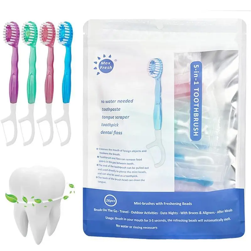 26pcs/Pack 5-in-1 Mini Toothbrush Set – Disposable Toothbrush with Floss, Tongue Scraper, Toothpick & Toothpaste. Individually Wrapped Oral Care Kit for Fresh Breath, Travel, Work, Dating & Business Trips, Portable & Compact