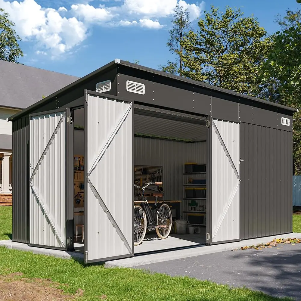 Aoxun 8'x4' Modern Metal Frame Outdoor Storage Shed - Lockable Triple-Door Organizer with Sloping Roof, Black Metal Cabinet for Garden, Backyard Tool Storage, Patio