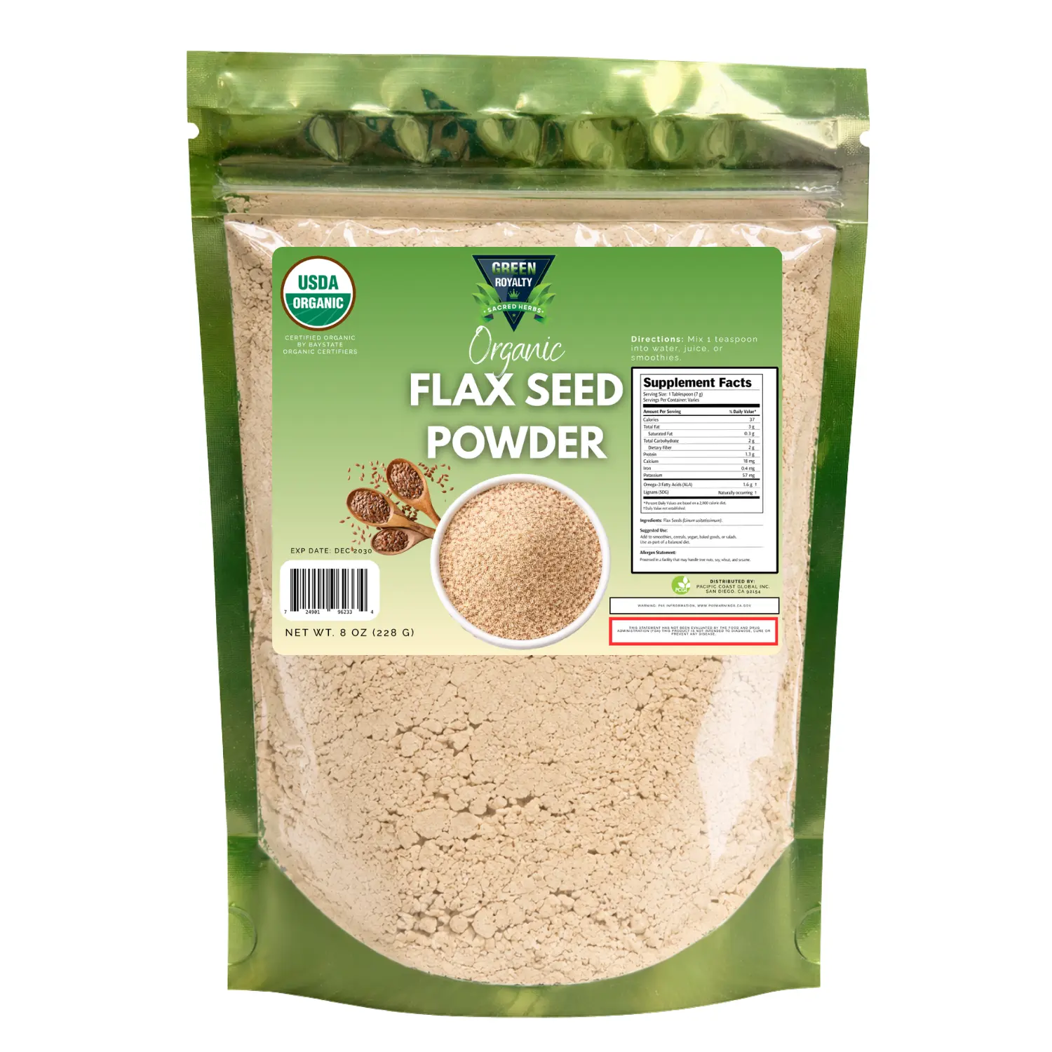 GREEN ROYALTY Organic Flaxseed Powder, 8oz Vegan Ambient Herbal Supplement for Adults - Herbs, Blendable, Digestive Health Support, Smoothie Boost, Metabolism Boost, 28 Servings, Natural, Unflavored, Antioxidant, Anti-Oxidants, Easy-To-Take