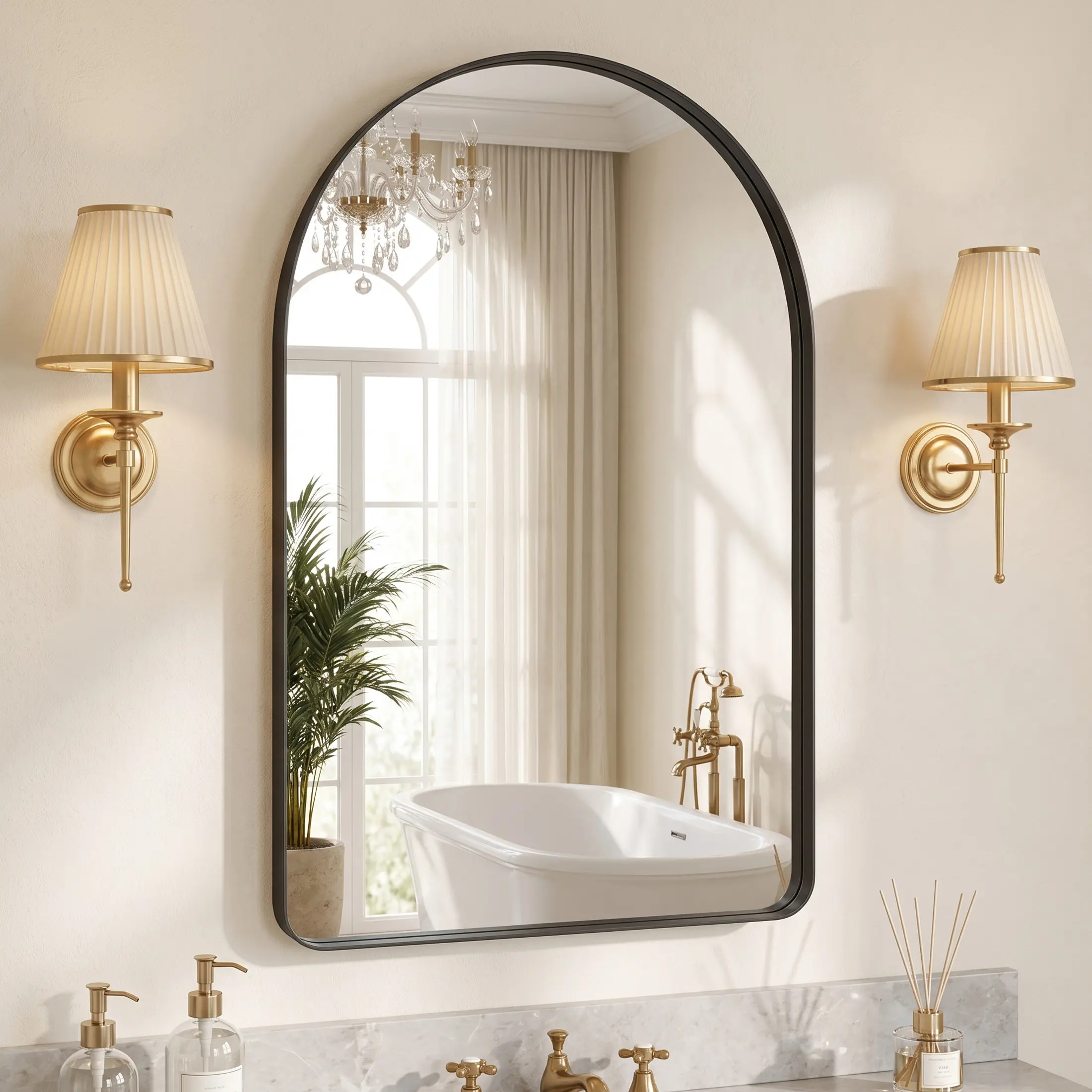Luxury Arched Bathroom Mirror - High-Clarity Shatterproof Tempered Glass Mirror with Metal Deep Frame, Hanging or Leaning Design, Styrofoam Pack for Living Room, Dresser, Mirrors