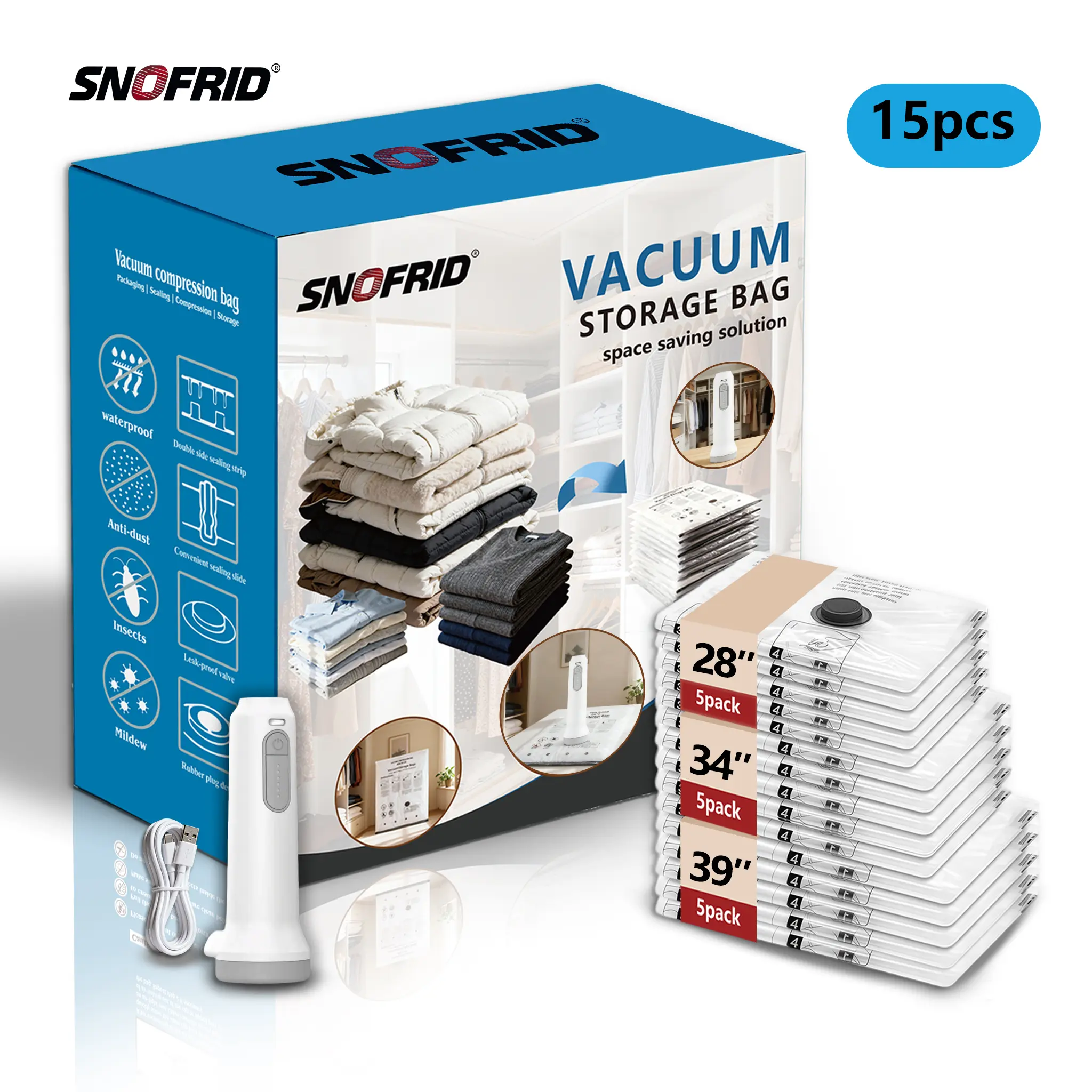 Snofrid Cordless Vacuum Storage Compression Bags - 15-Piece Space Saving Organizer Set (3 Sizes) with USB Rechargeable Handheld Pump, Waterproof Reusable Storage Organization for Clothes, Airplane Travel Accessories for Carry-On Suitcases, Vacuum Bags For
