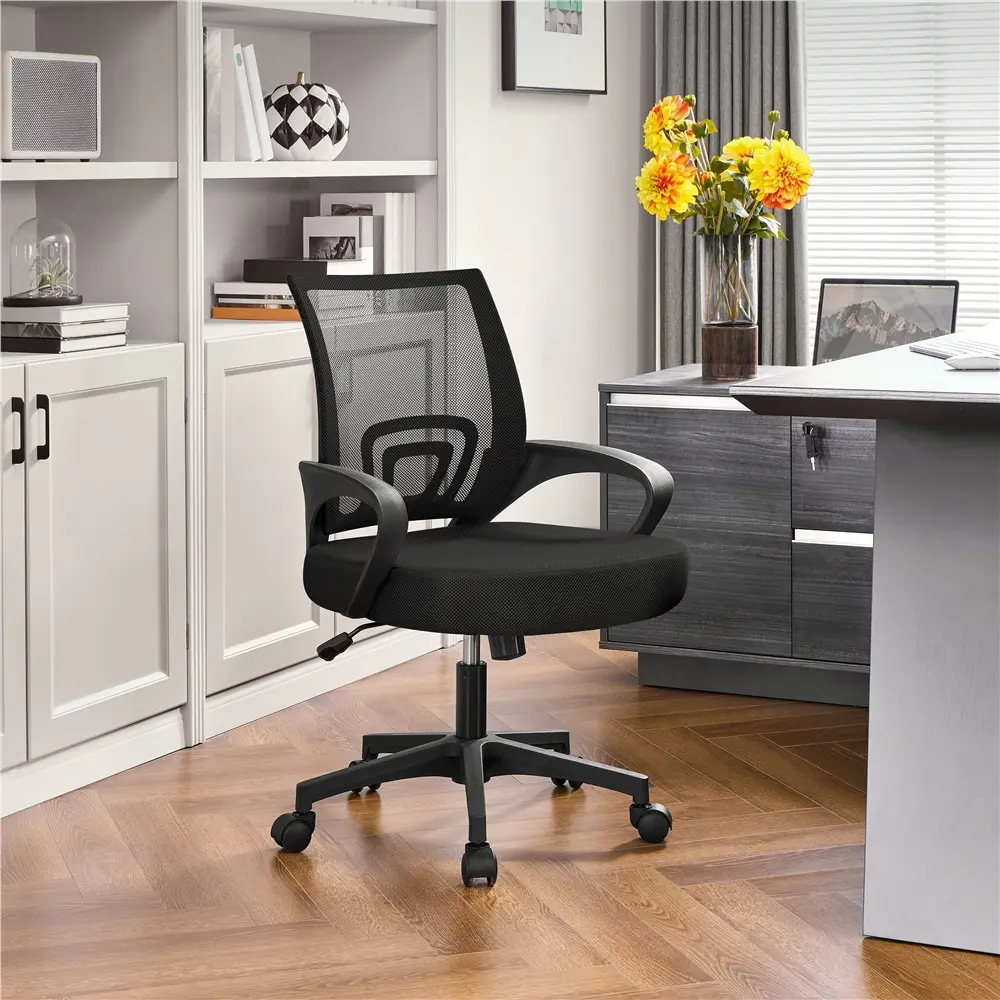 Costoffs Ergonomic Mesh Mid-Back Desk Chair - Adjustable Seat Height, 360° Smooth Roll Swivel, Fixed Arms, Lumbar Support, Rolling Casters, 300lb Capacity, for Home Office & WFH Setups, Black, Ergonomic Swivel Chair, Mesh Fabric