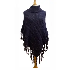 Women Tassel Cable Knit Turtleneck Poncho