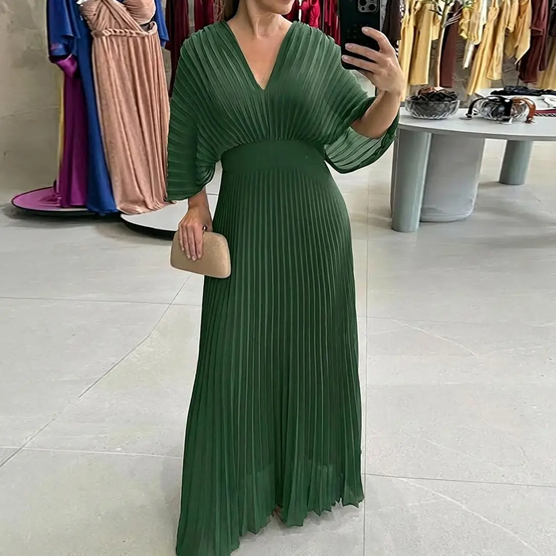 CHICME Women's Elegant Pleated Maxi Dress V Neck Flutter Sleeve Wedding Guest Dress