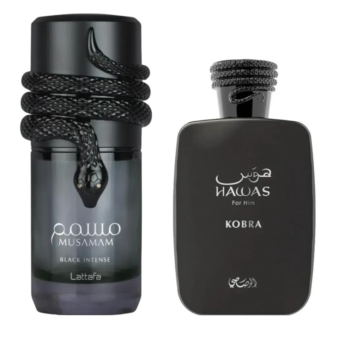 Lattafa Musamam Black Intense & Hawas Kobra 2-Piece Arabic Perfume Bundle, Unisex EDP Spray Cologne, Long-Lasting Crowd-Pleaser Fragrance for Men