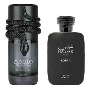 Lattafa Musamam Black Intense, Hawas Kobra 2-Piece Bundle Set, Crowd Pleaser Unisex Blend Fragrance for Men, Long-Lasting Scent