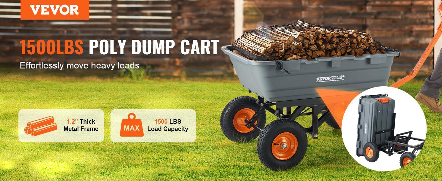VEVOR Poly Garden Dump Cart Load Hauler, Easy-to-Assemble Steel Frame, 2-in-1 Convertible Handle, 13-in Rubber Tires, 360&deg; Swivel Wheels, 180&deg; Control, 600-1500 lbs Max Capacity, Mesh Cover, Home Improvement Utility Wheelbarrow