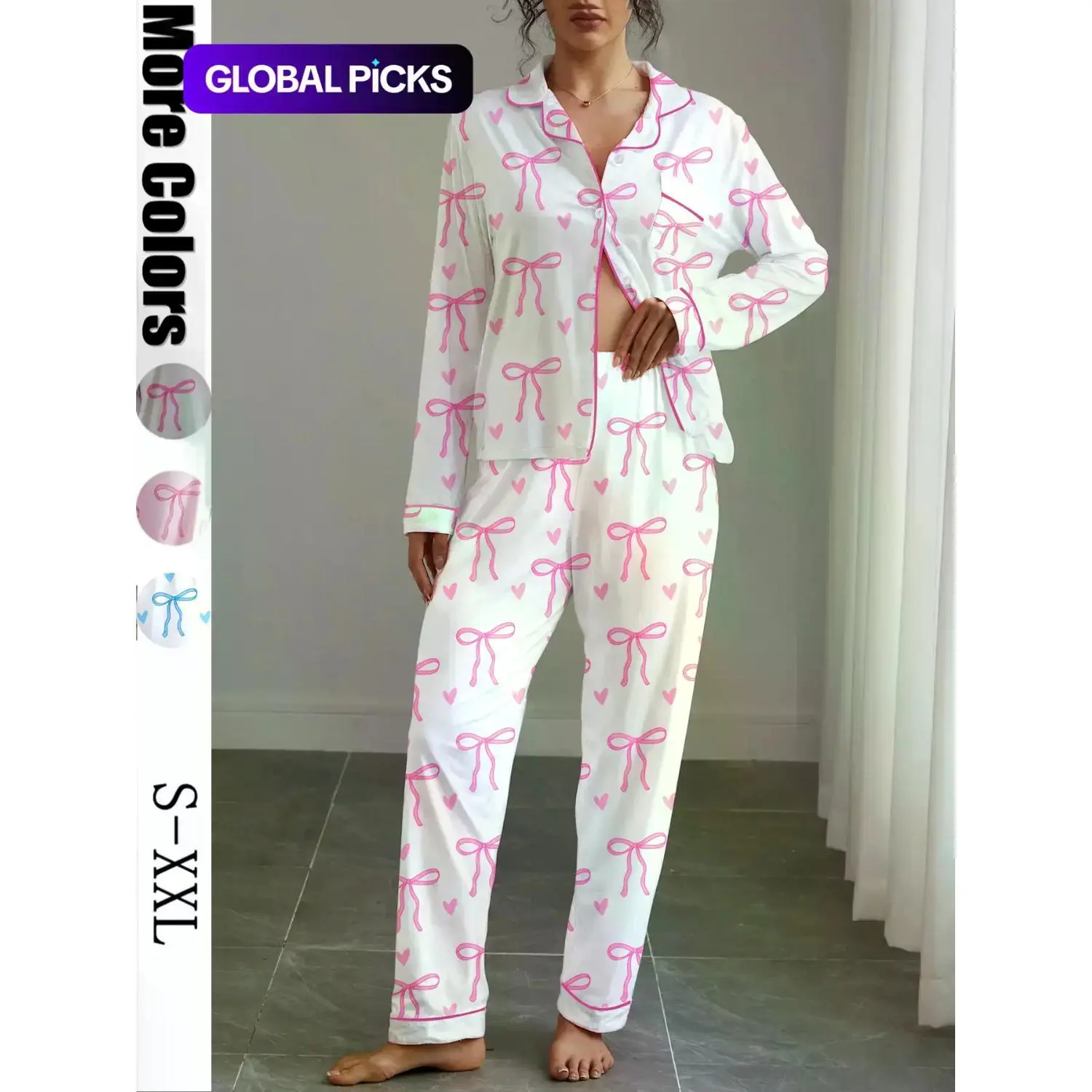 Women's Cute Bow Print Fitted Pajama Set, Fall & Winter Casual Homewear Loungewear Pjs Set Nightwear, Soft Elastic Fabric, Long Sleeve Shirt Collar Top & Pants