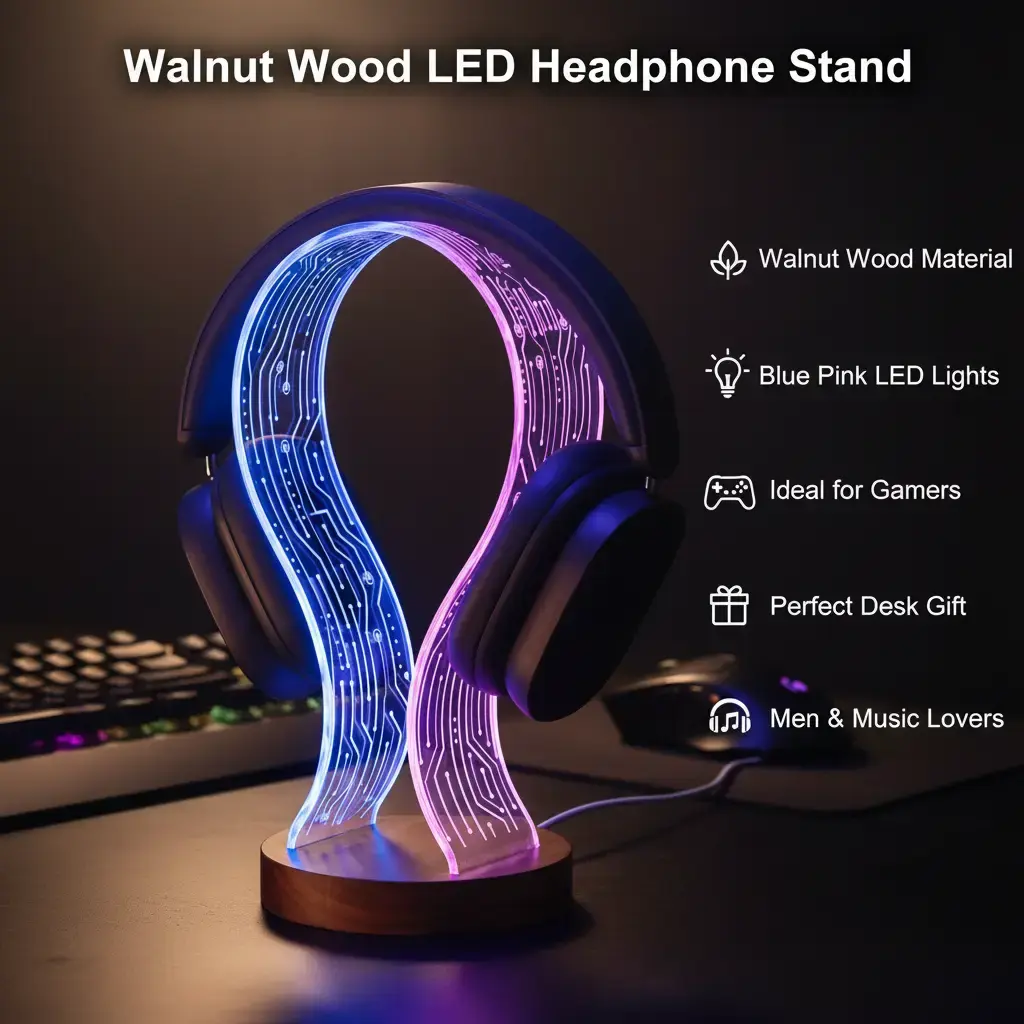 Walnut Wood Gaming Headset Stand Complete Kit - 1 LED Wood Base with Blue-Pink Cool LED Lights, Acrylic Headphone Hook, 1 USB Cable, USB Plug, Durable Audio & Gaming Accessories, Manufacturer Warranty, Ideal Gift for Gamers
