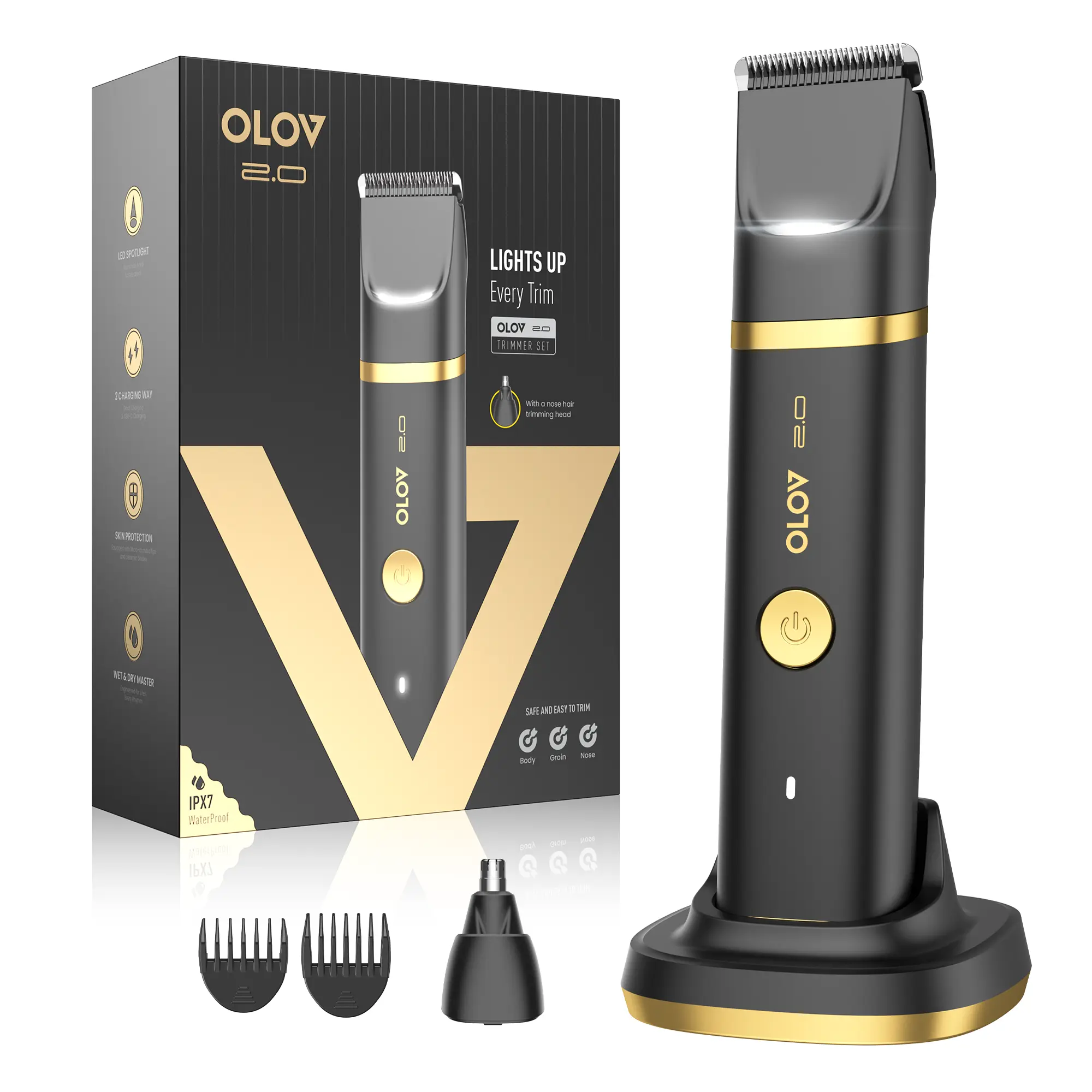 OLOV Groin & Body Trimmer for Men, Waterproof Electric Groomer with Skin-Friendly Ceramic Blades, LED Light & USB-C Charging Dock, Hair Removal Trimmer, Usb Rechargeable Trimmer,dorm essentials,back to school,back to school haul