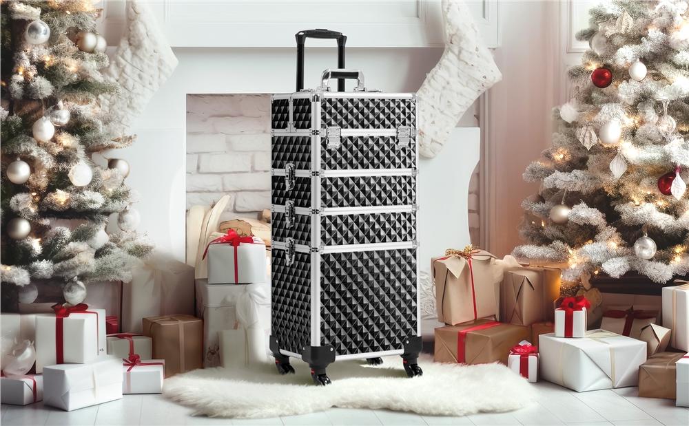 Yaheetech 4-in-1 Professional Rolling Makeup Train Case Extra-large 4-Tiered Aluminum Cosmetic Trolley Storage on Wheels Cosmetic Organizer Traveling Cart