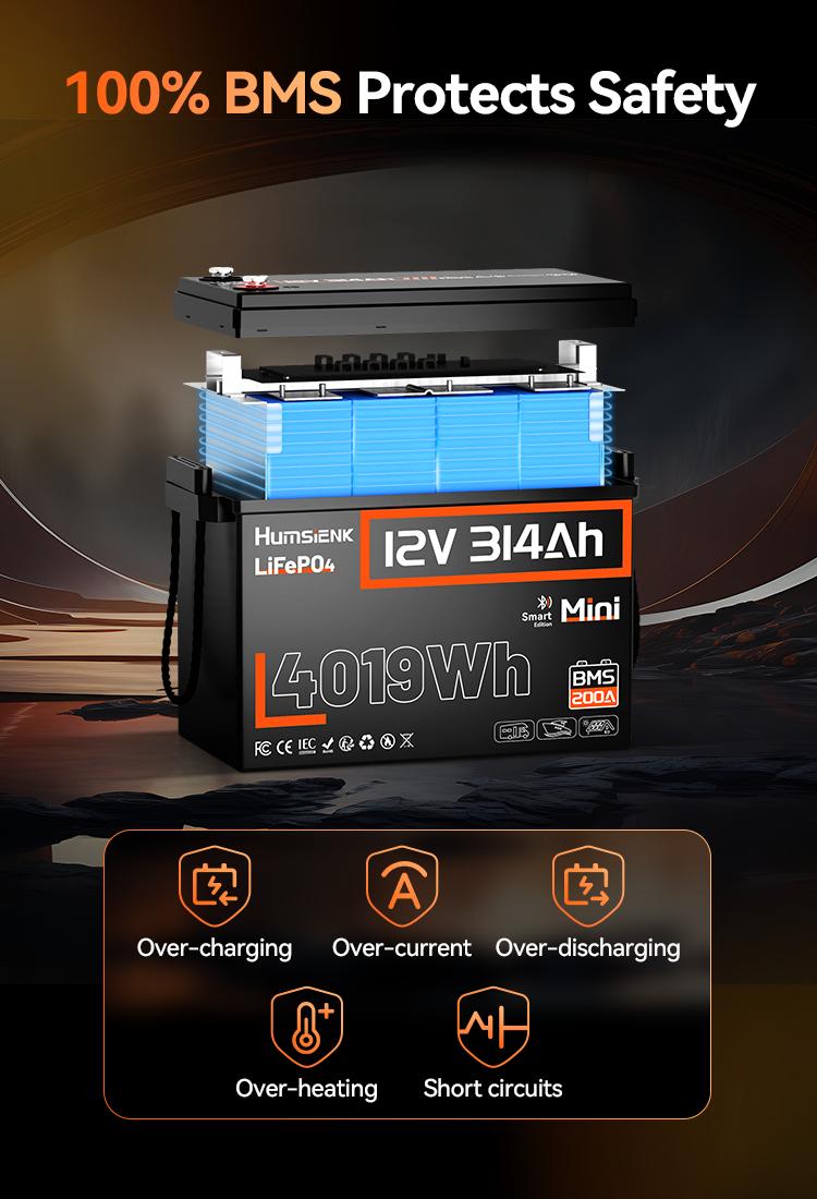 Humsienk 12V 314Ah LiFePO4 Bluetooth Lithium Battery Mini Size Lithium Iron Phosphate with 200A BMS Low-Temp Protection for RV Marine Trolling Motors - Portable Power Station