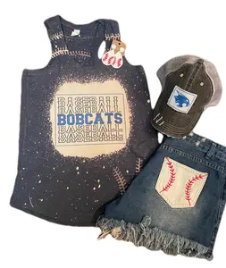Bleached Bobcat Baseball Tank Tops - Black Fabric with "BABBY BOBCATS" Text, Cute Baseball Design, Comfortable for Womenswear