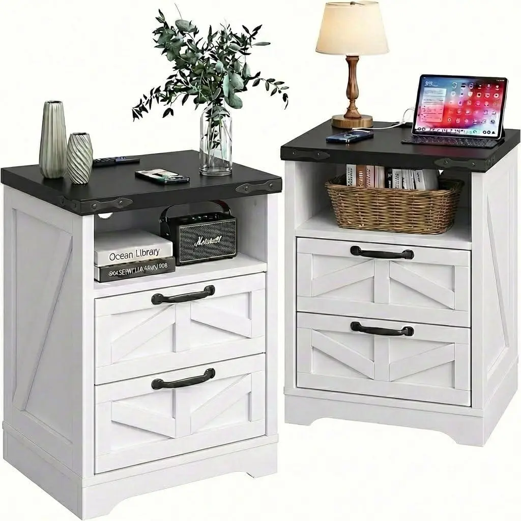 Rustic White Farmhouse Nightstands Set of 2 - Wooden Bedroom Side Tables with Charging Station, 1 USB-C Port, 2 Drawers, Reinforced Frame for Storage