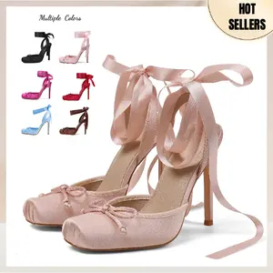 AOSPHIRAYLIAN Elegant Fashionable Ladies High Heeled Square Toe Ankle Strap Satin Bow Ballet Toe Cap Bottom Lace Up Slingback Pumps Strappy Sandals Stiletto Mary Janes Elegant Party Shoes