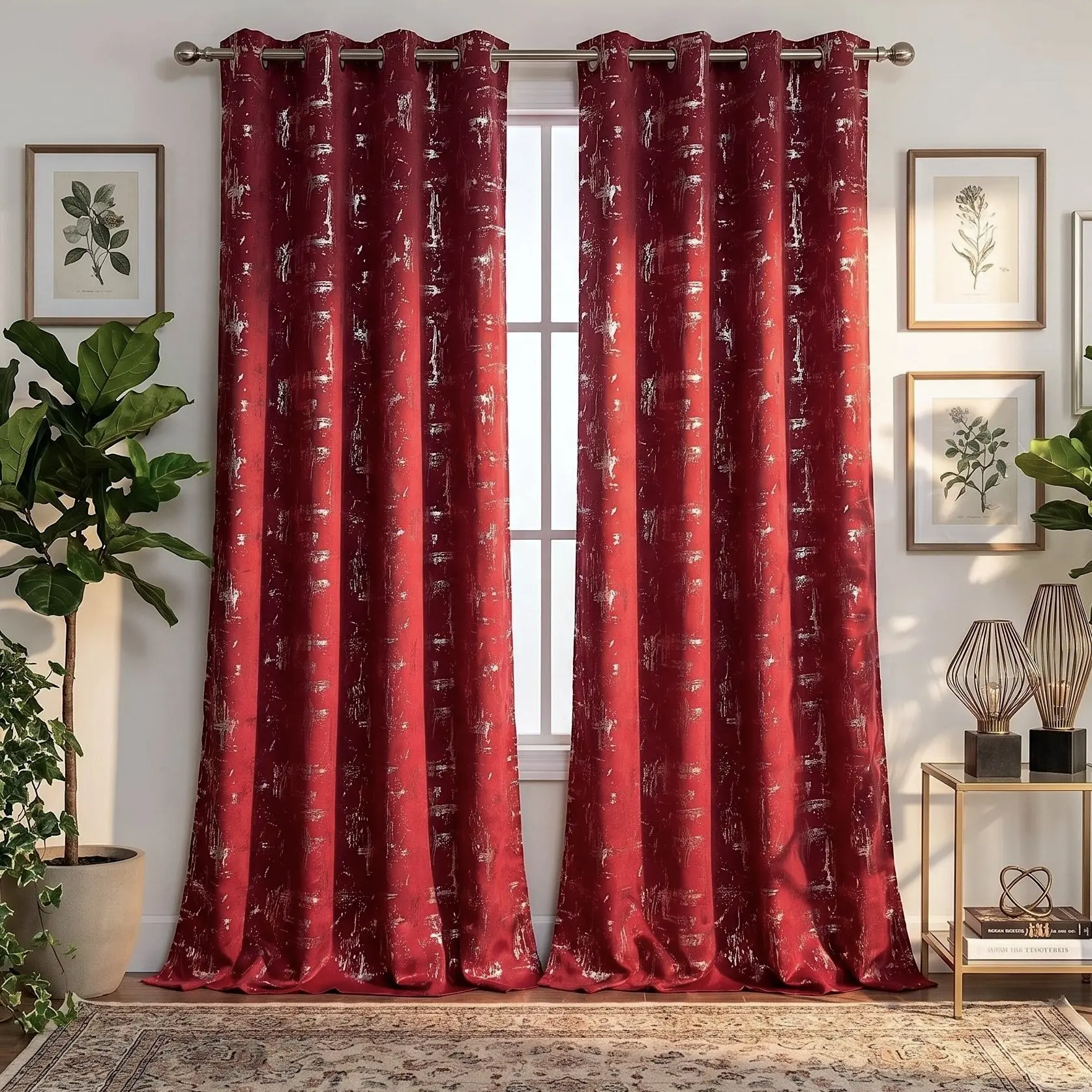 2 Panels  52"X84" Foil Metallic Printed Grommet Blackout Curtains, Thermal Insulated Noise Reducing Window Drapes, Room Darkening Curtain Panels for Bedroom Living Room Thick Polyester Full Blackout  , Energy Saving Heat Blocking  , Machine Washable QF639