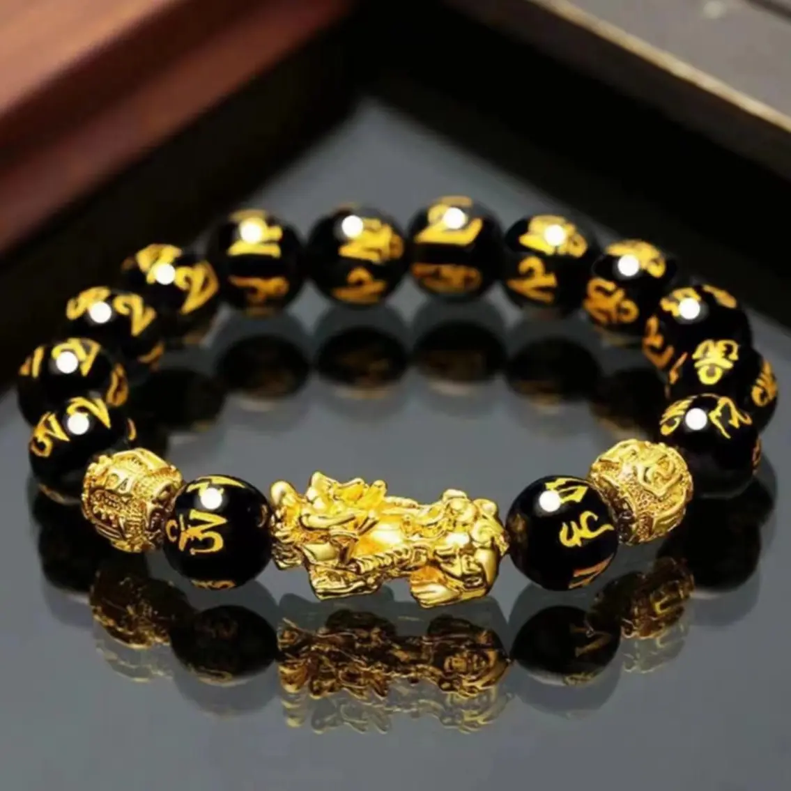 Black Obsidian Feng Shui Bracelet with Gold Pi Xiu, Beaded Jewelry Money Bracelet for Men & Women, Wealth & Luck Amulet, Black Obsidian Bracelets & Bangles