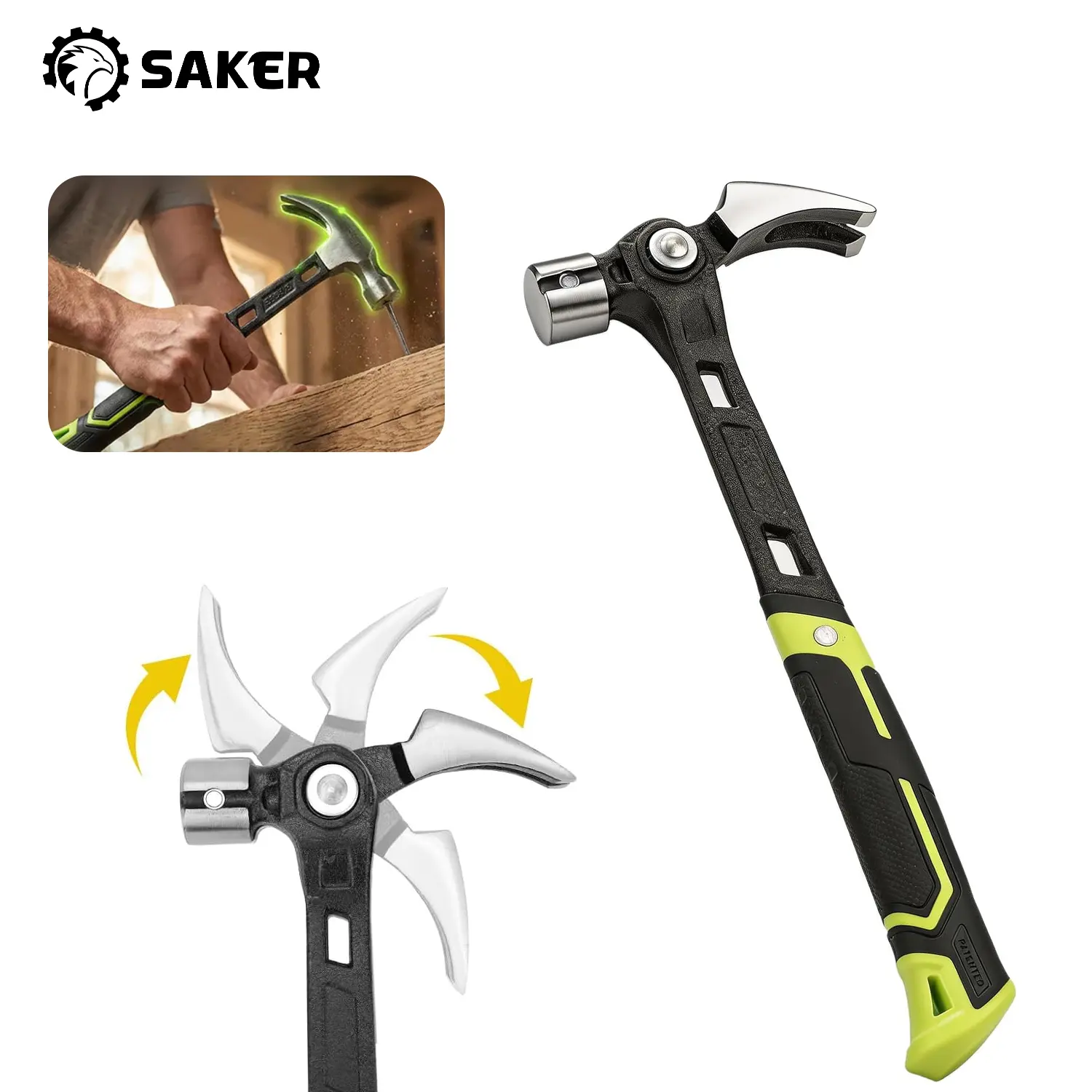 Saker Multi-functional Claw Hammer - Heavy-Duty Hand Tool with Non-Slip Handle for Household Repair, Woodworking