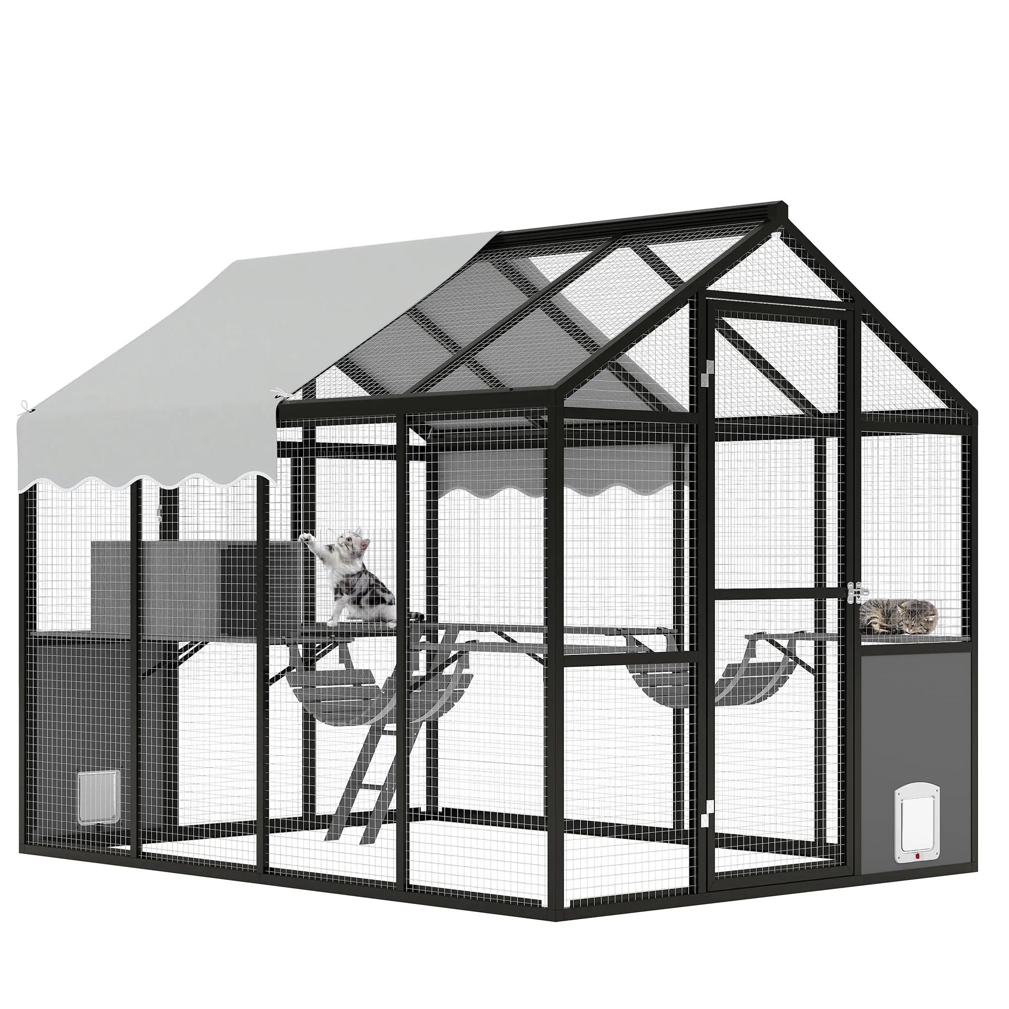 Gaomon Extra Large Aluminum Walk-in Catio Enclosure - Outdoor Multi-Cat Mesh Playpen (70" L x 95" W x 76" H) with UV-Proof Cover, Lockable Doors, Adjustable Doors, 5 Walkways, 4 Bridges & Platforms