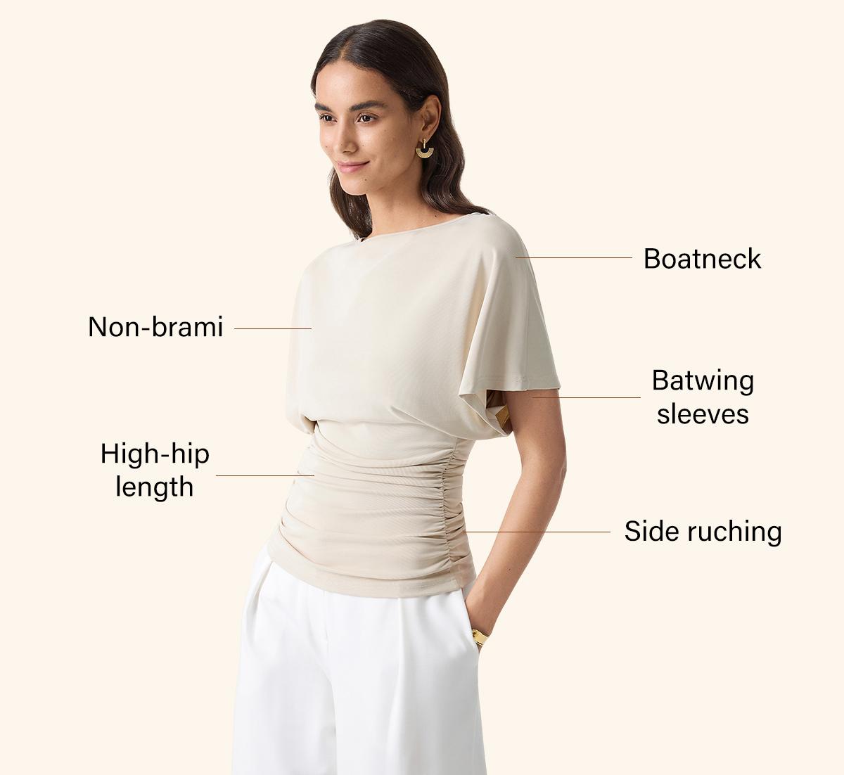 OGL Effortless Boatneck Batwing Sleeve Side Ruched Top - Stylish & Comfortable Women's Fashion baju kelawar outfit Quiet Luxury Essential TikTokShopSpringGlowUp - Streetwear, Womenswear