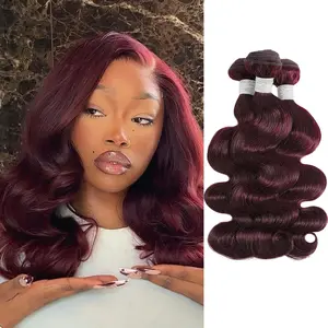 ALHER 99j Color Human Hair Bundles Body Wave Dark Burgundy Wine Color 3 Bundles Human Hair Body Wave 99j Wavy Bundles Sew In Weave 12A 100% Unprocessed Virgin Remy Human Hair Wine Red Colored Soft & Thick