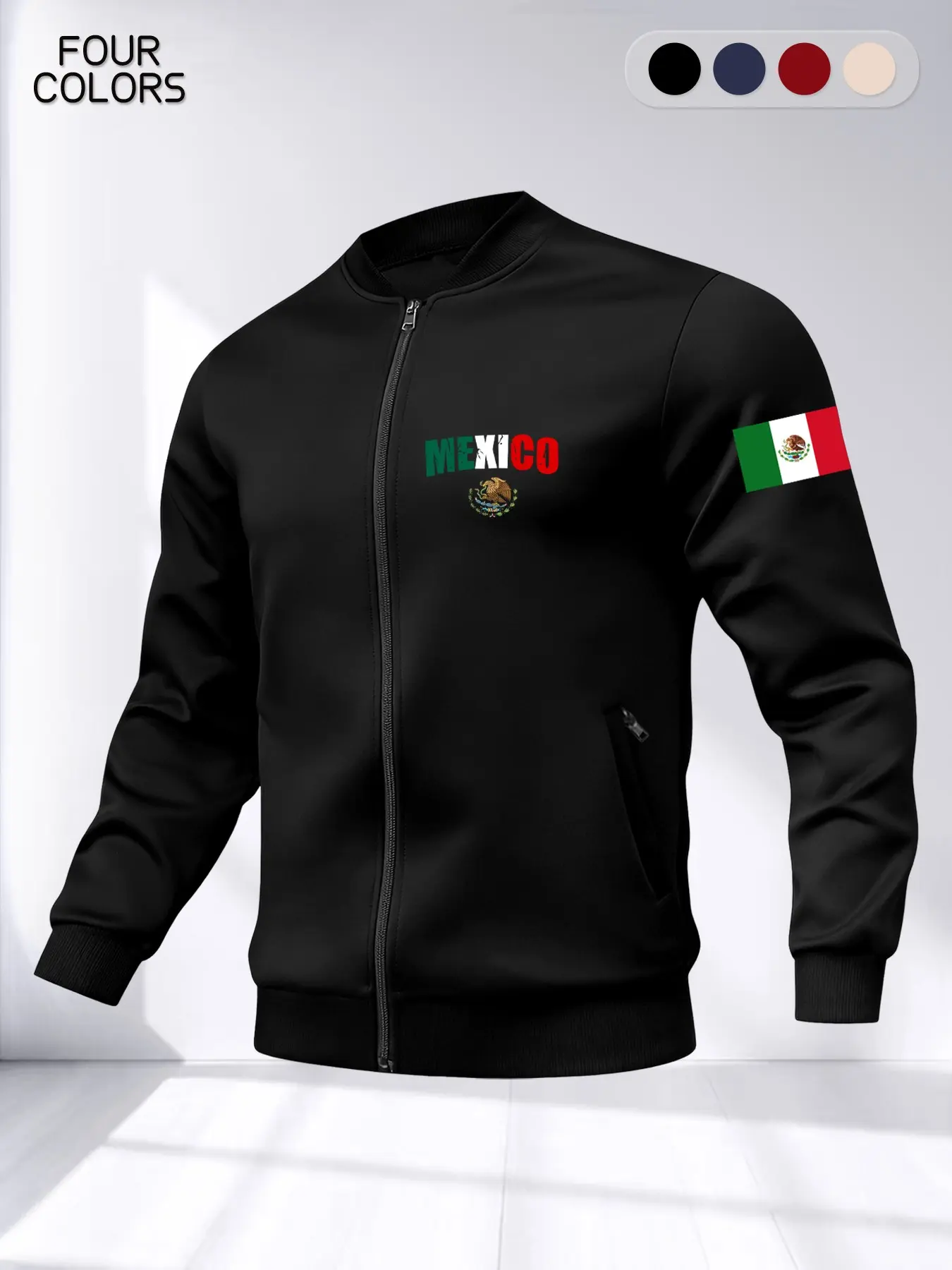 Men's Sport Jacket Coat, Athletic Jackets, Athlete Jackets, Baseball Neck Zip Pocket Design, Mexican Letter Print, Comfortable Lightweight Fabric, Suitable for Sports & Outdoor Activities, Athletic Outerwear