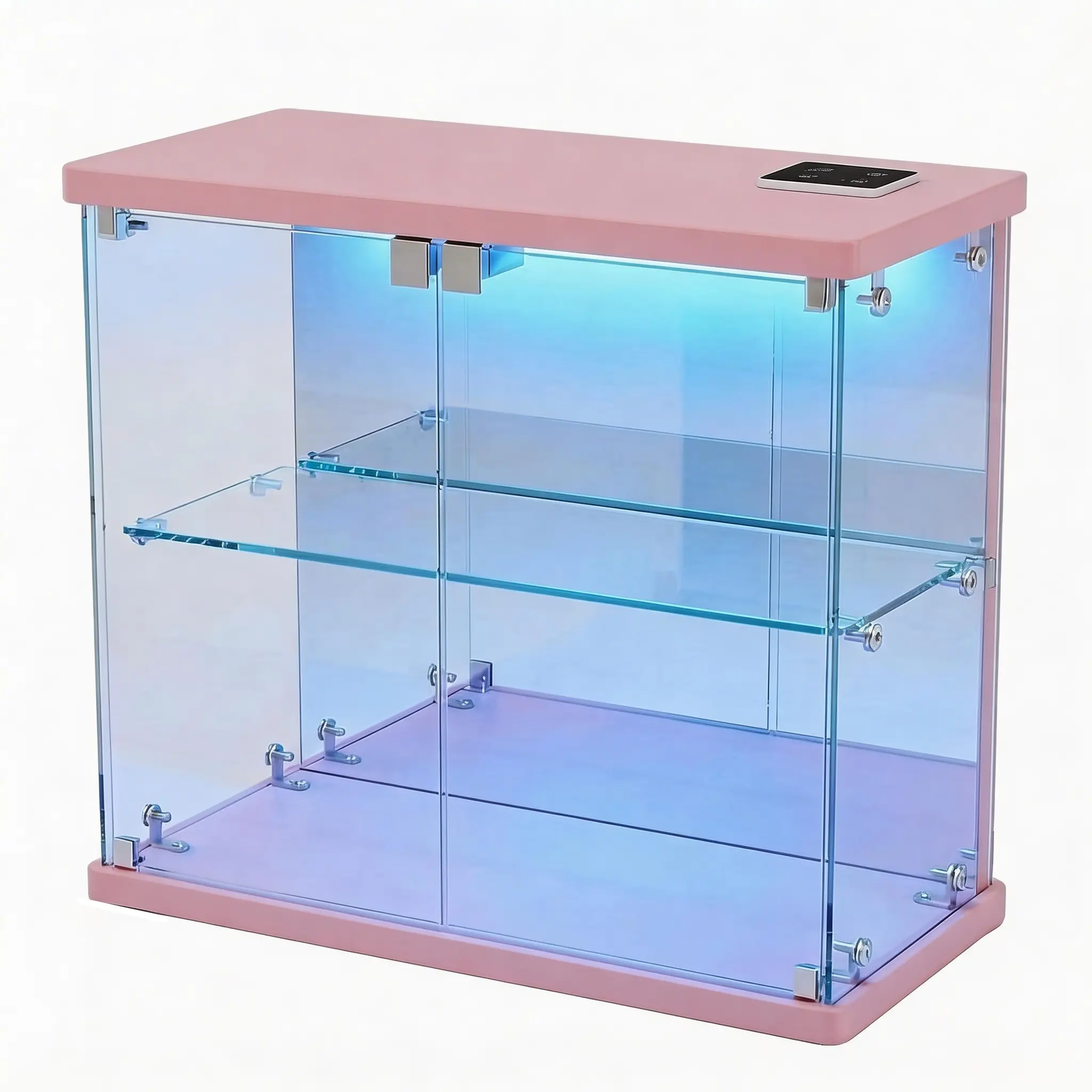Miu vanity Display Cabinet with Glass Doors,Storage Cabinet with 3 color light,2-Tier Curio Cabinet case for Collectibles,Toys，Books，for Playroom，Bedroom，Study Room,Black,Pink