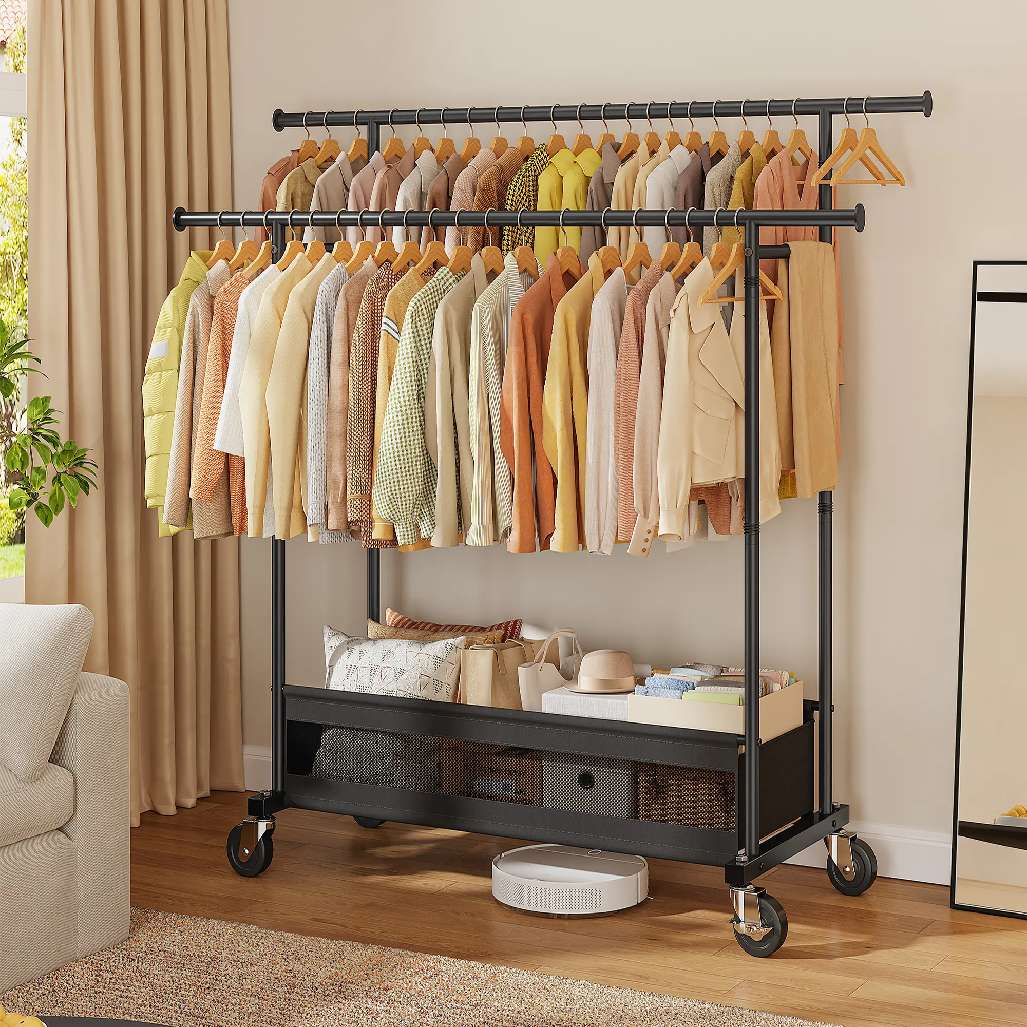 BePatio Double-Rod Clothes Rack for Closets,Heavy Duty Clothing Rack with Net Pocket Hold Up to 210LBS,Metal Garment Rack Sturdy Coat Rack With Wheels for Bedroom Laundry Living Room, Black