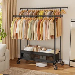 BePatio Double-Rod Clothes Rack for Closets,Heavy Duty Clothing Rack with Net Pocket Hold Up to 210LBS,Metal Garment Rack Sturdy Coat Rack With Wheels for Bedroom Laundry Living Room, Black