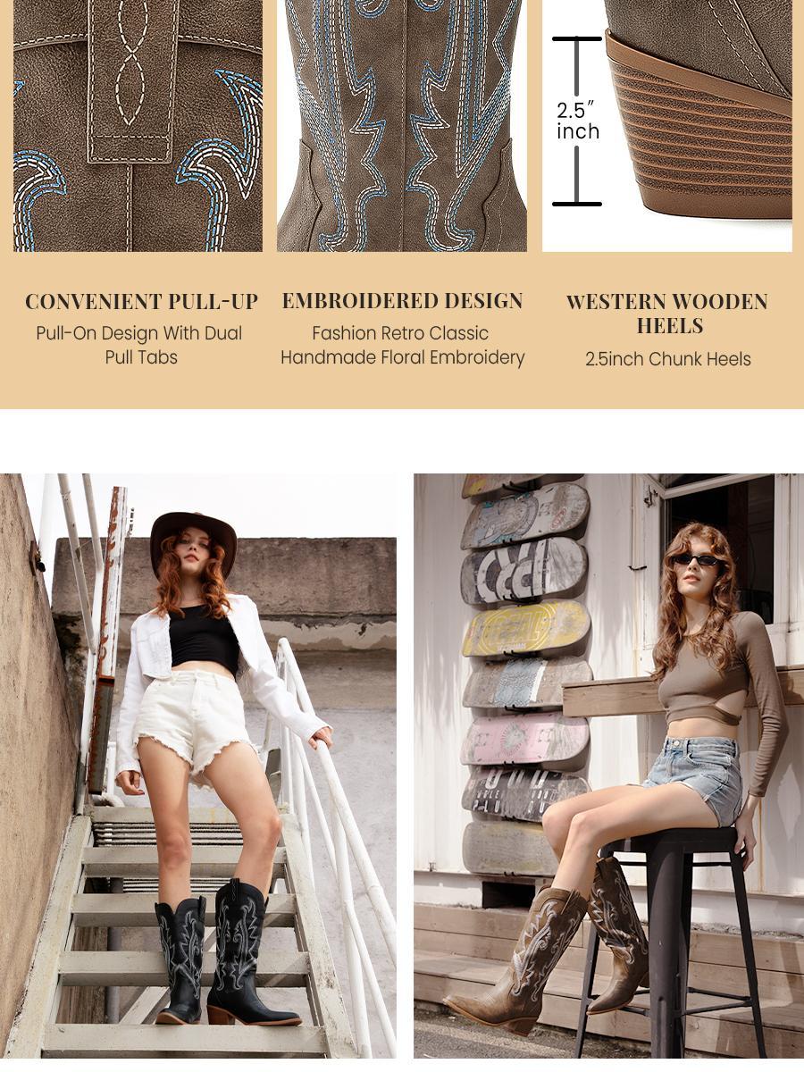 Athlefit Women's Embroidered Western Cowboy Boots Fashion Pointed Toe Chunky Heel Mid Calf Cowgirl Boots Walking Shoes Footwear Black Bathroom SpringStatements