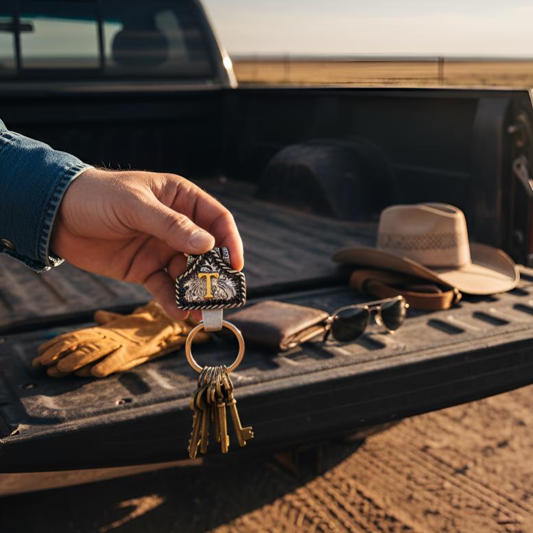 Handmade Cow Tag Belt Key Holder with Copper Initial – Custom Western Keychain, Texas-Inspired Fashion Accessory for Bags, Keys & Gifts
