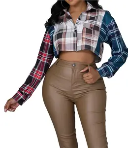 Women's Plaid Crop Top - Long Sleeves, Casual Collar, Patchwork Fabric, Elegant Fashion Button-Up Blouse for Versatile Wear