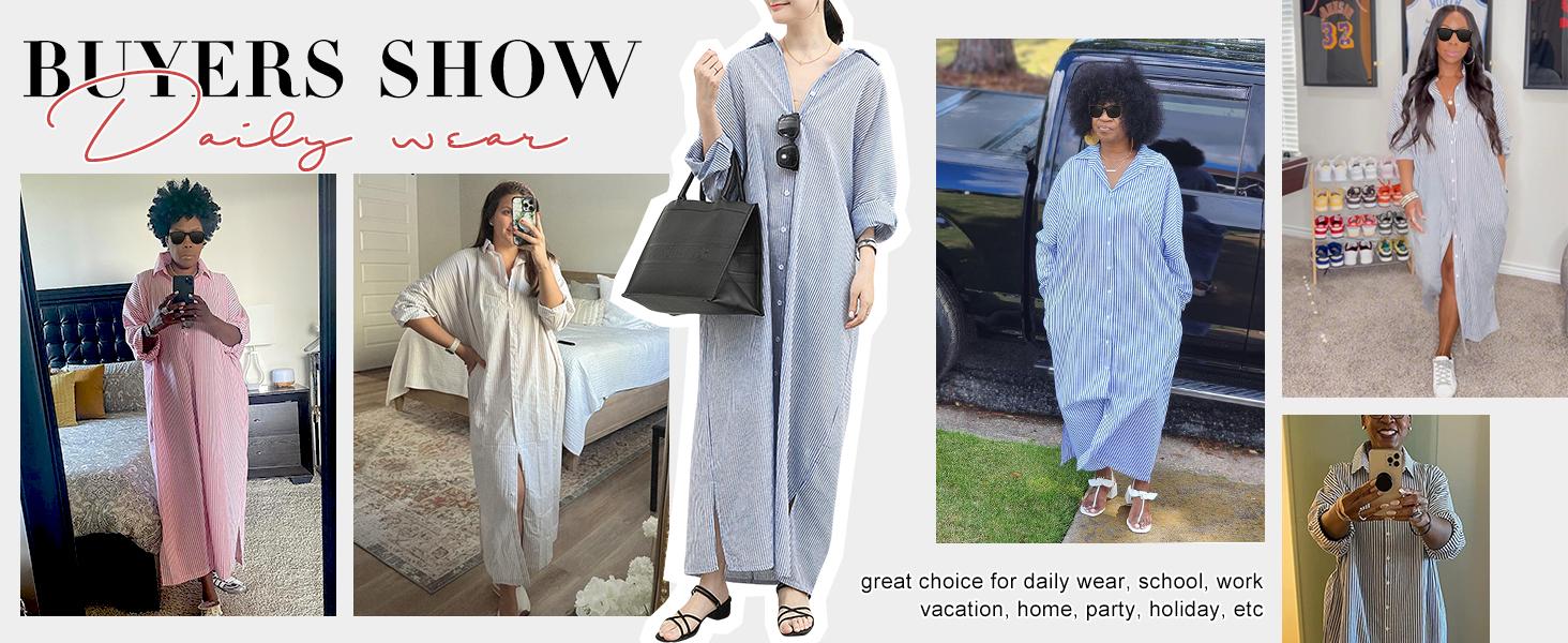Chouyatou Women's Casual Long Sleeve Button Down Loose Striped Cotton Maxi Shirt Dress Grey Caftan Comfy Basic Batwing Sleeves Breathable Lightweight Beach Clothes Womenswear Bikini Elegant Fit SpringStatements