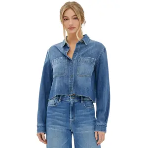 Cropped Denim Shirt - Medium Fit Button Top with Pockets for Women