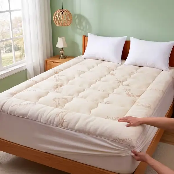 Bamboo Fiber Extra-Fluffy Mattress Pad, Breathable Moisture-Wicking Pressure-Relief Protector with Deep Pockets, Soft, Skin-Friendly, Durable and Machine Washable for Home, Camping and RV
