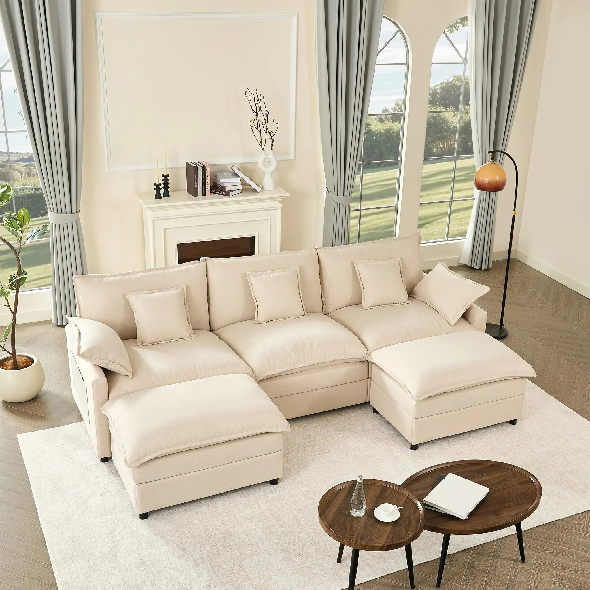 U-Shaped Modular Sectional Sofa - Comfy Cloud 3-Seater with 2 Movable Ottoman, Cloud Sofa,Deep Seat Linen Couch for Living Room, Beige Color ,Comfort & Stylish Design,Chenille pink