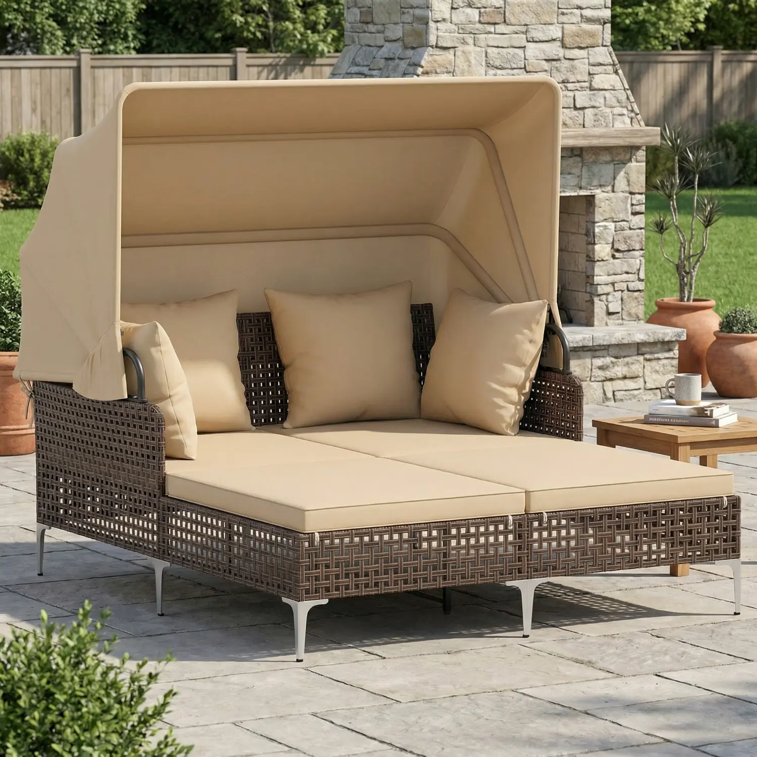 Spaco Brown PE Wicker Rattan Outdoor Daybed with Retractable Canopy - Sturdy Metal Frame, Sun Protection Shade, Modern Outdoor Lounge Sofa, Patio Furniture for Garden-Poolside Lounging, Stable Metal, Wind‑Tied Canopy